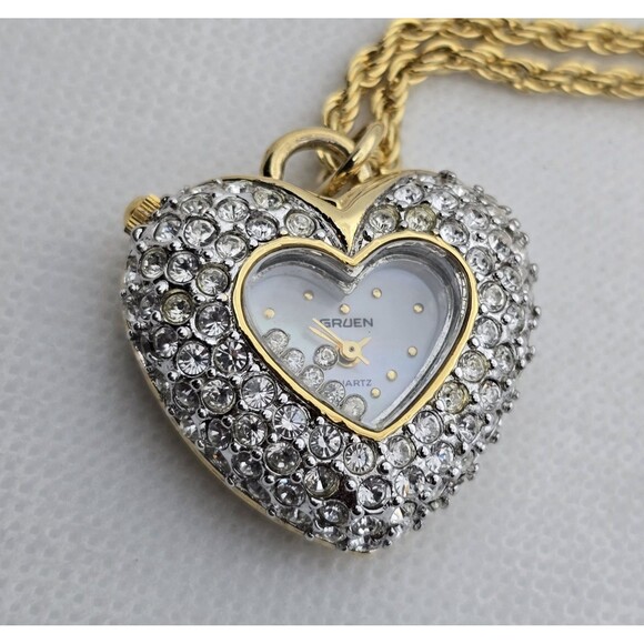 Gruen Jewelry - Women's GRUEN Crystal Encrusted Heart Shaped Pendant Watch Necklace 14